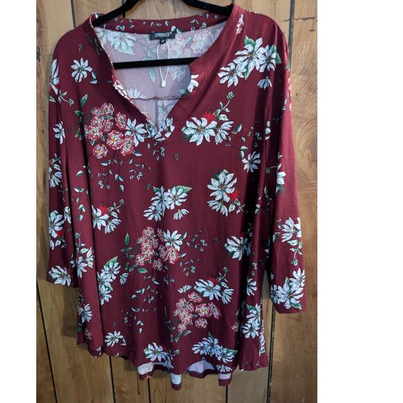 Othyroce Shirt Top 4X XXXX Maroon Pink White Floral Flowers Blouse Tunic Stretch - Picture 1 of 6